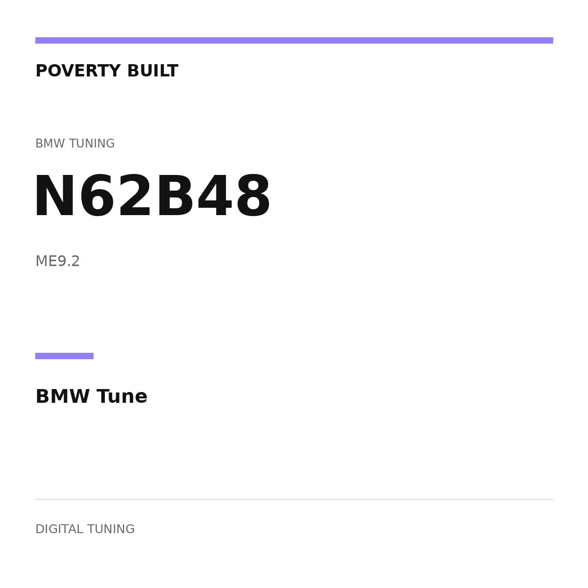 POVERTY BUILT — N62B48 BMW Tune; ME9.2. Text-only digital tuning graphic.