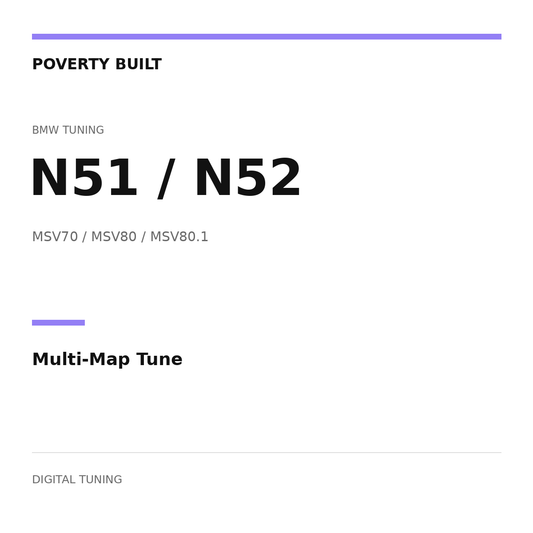 POVERTY BUILT — N51 / N52 Multi-Map Tune; MSV70 / MSV80 / MSV80.1. Text-only digital tuning graphic.